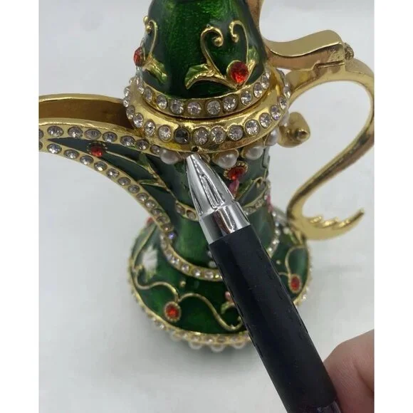 Signed Qifu Green Enamel Jeweled Arabian Nights Trinket  Stash Ring Vanity Box - Picture 11 of 12